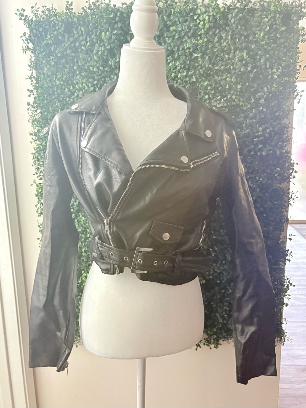 Women's Black Leather Biker Jacket with Belted Waist